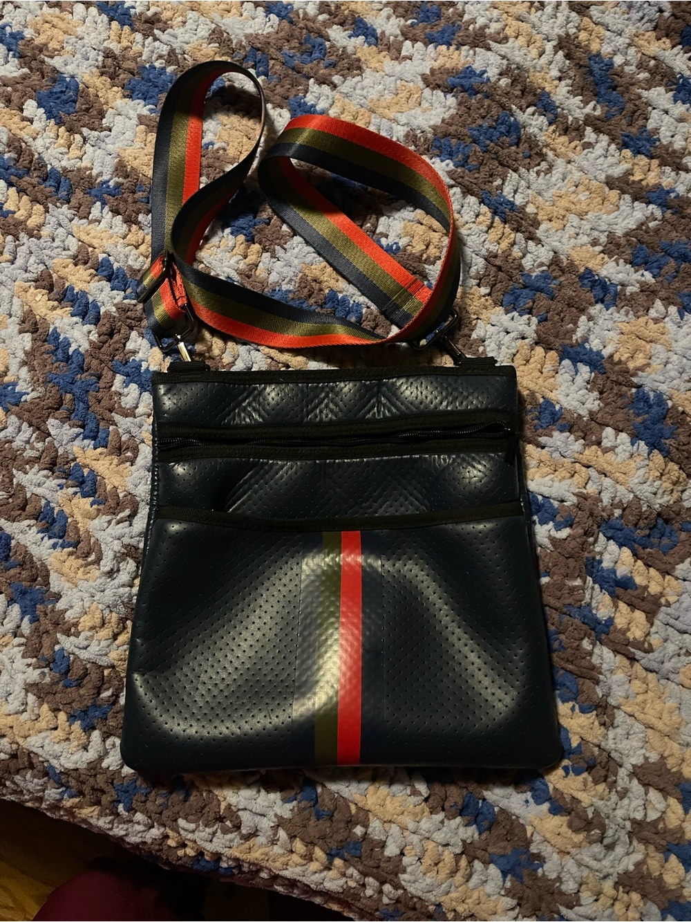 HAUTE SHORE Black Shoulder Bag with Red and Green Stripe